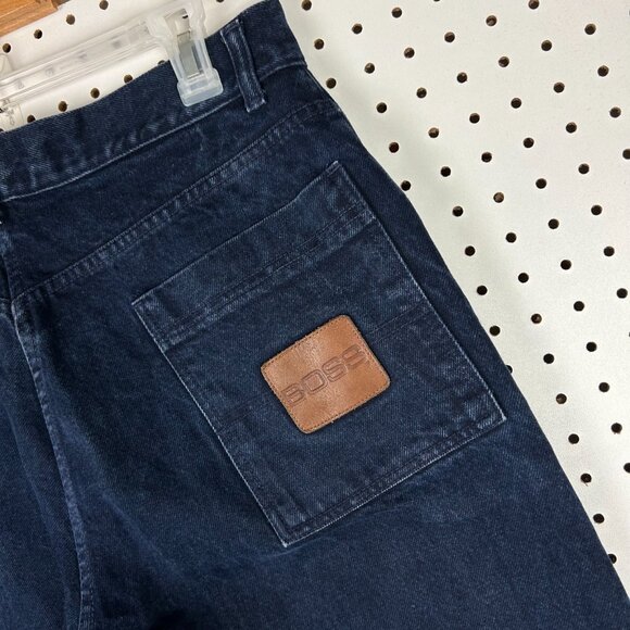 Boss 90s Wide Leg Blue Jeans 34x32 Leather Patch Hip Hop Tupac Baggy Y2K Pants - Picture 3 of 6